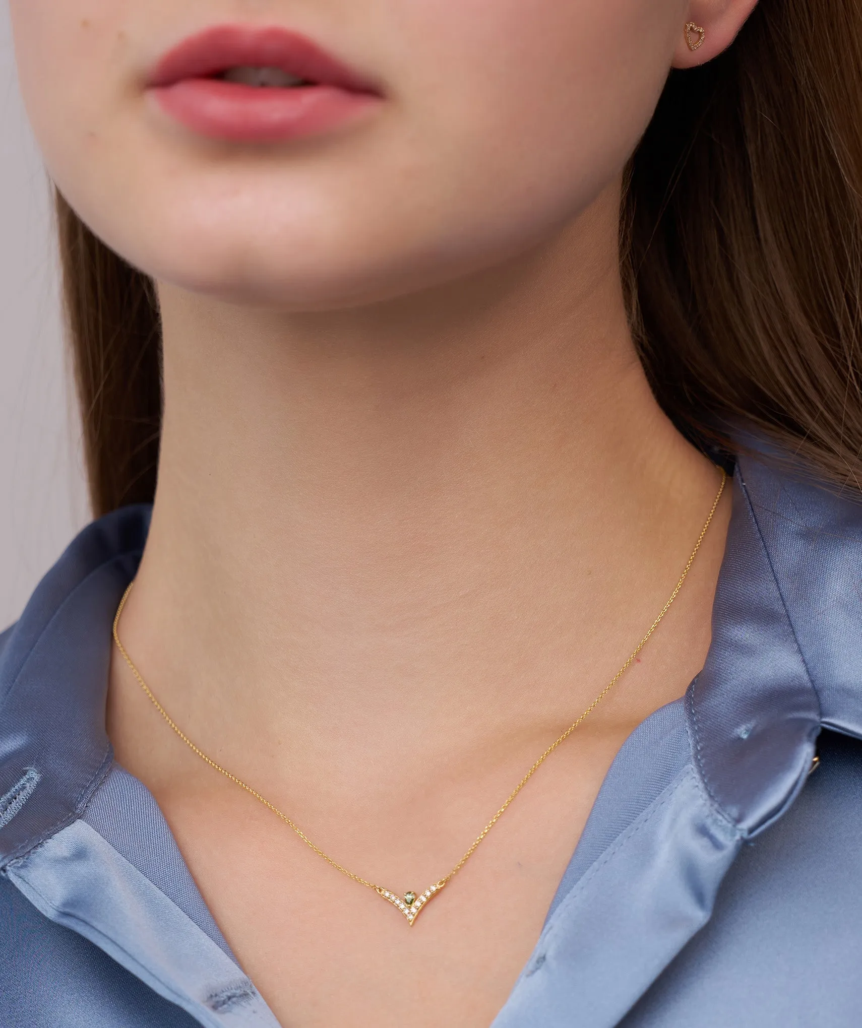 V-Shaped Diamond & Green Gemstone Necklace