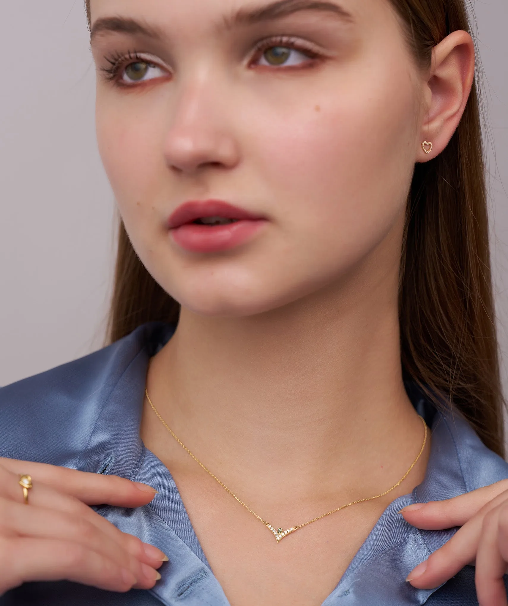 V-Shaped Diamond & Green Gemstone Necklace