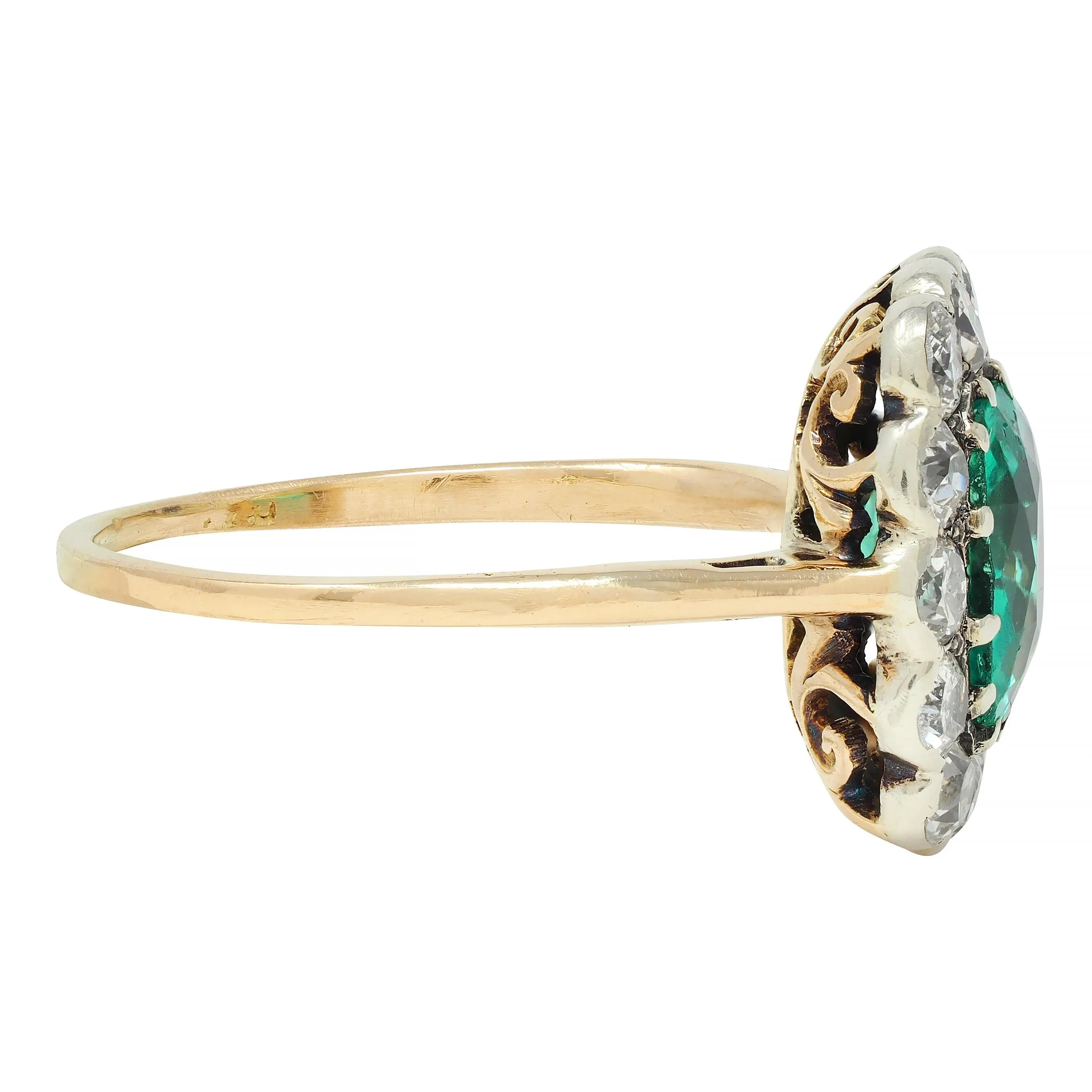 Victorian 2.15 CTW Colombian No Oil Emerald Diamond Silver 14 Karat Gold Antique Halo Ring GIA