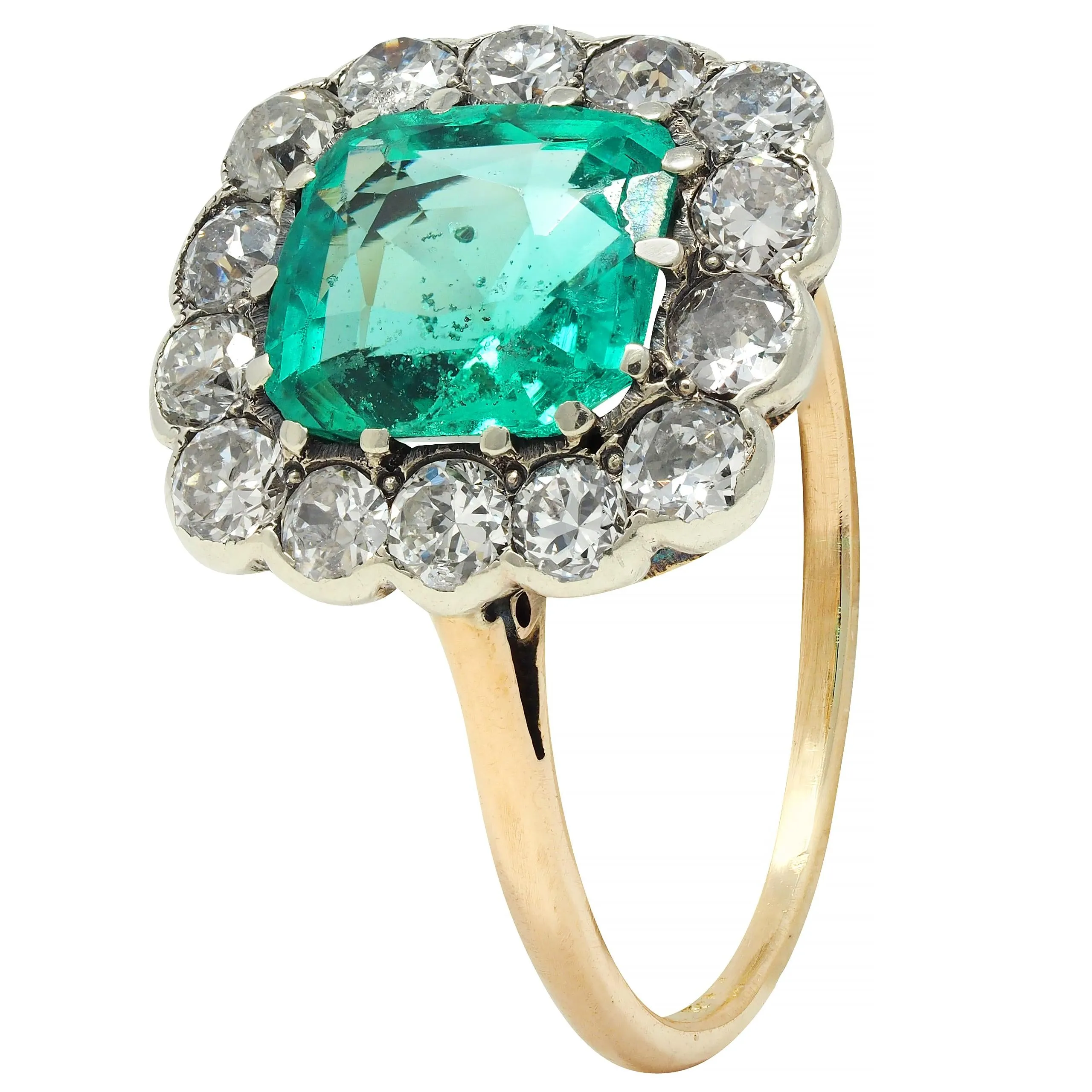 Victorian 2.15 CTW Colombian No Oil Emerald Diamond Silver 14 Karat Gold Antique Halo Ring GIA