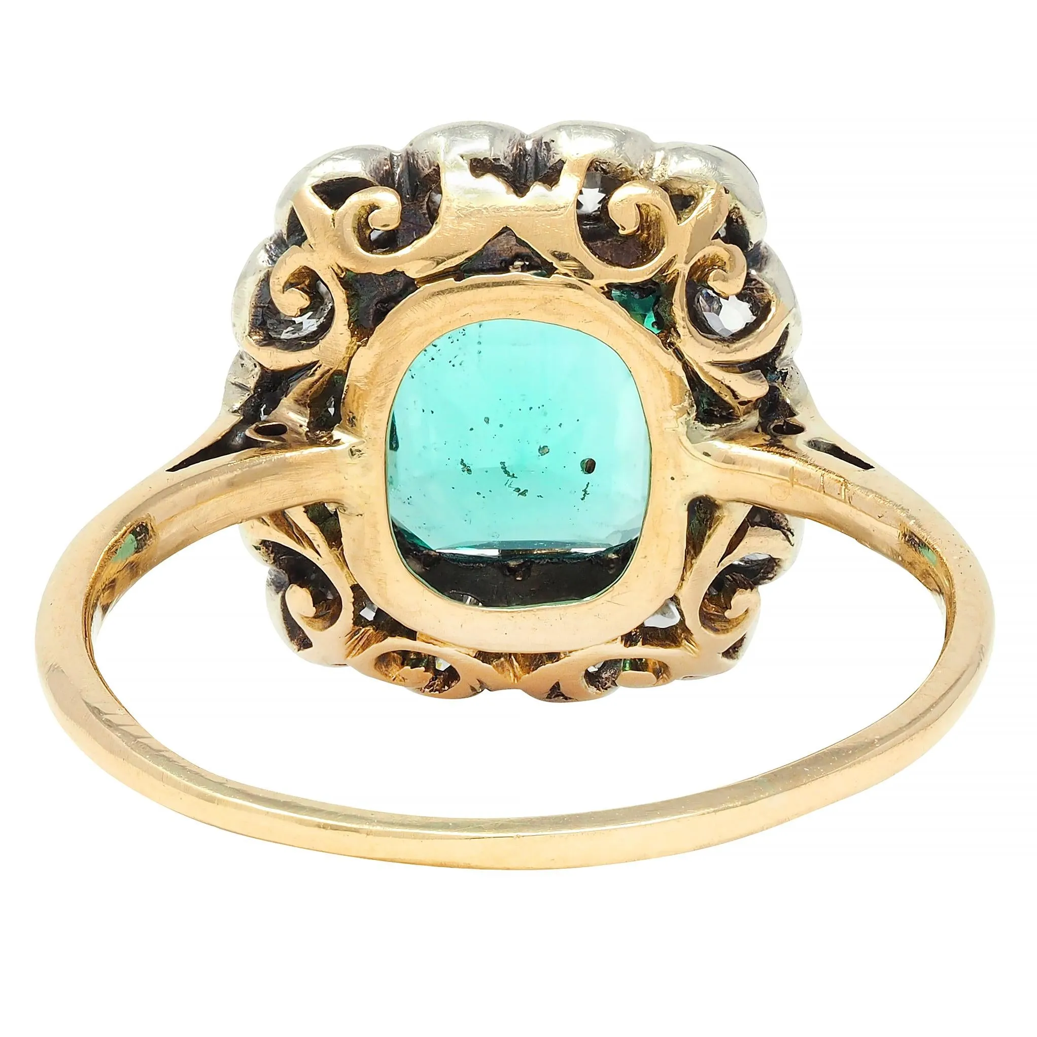 Victorian 2.15 CTW Colombian No Oil Emerald Diamond Silver 14 Karat Gold Antique Halo Ring GIA