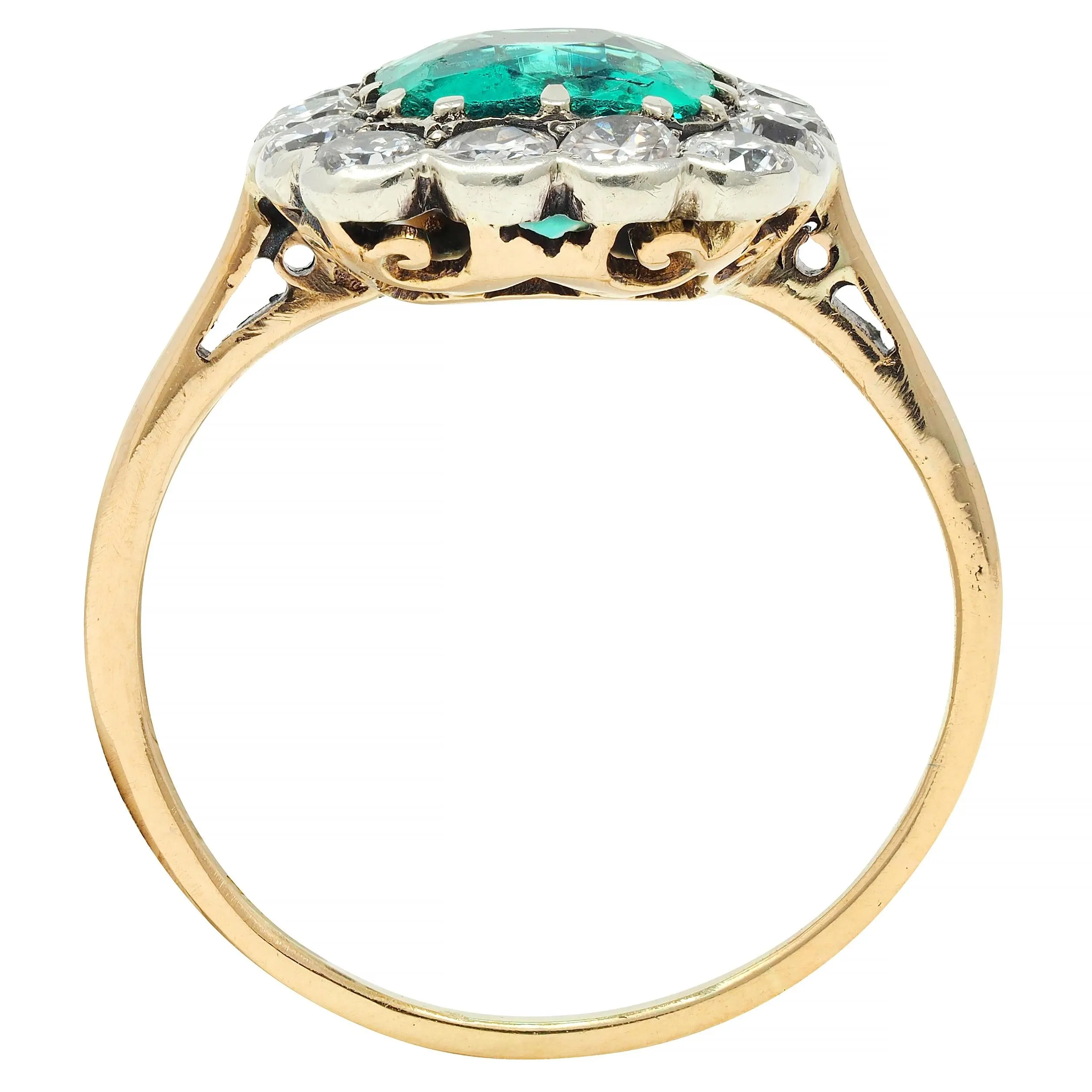 Victorian 2.15 CTW Colombian No Oil Emerald Diamond Silver 14 Karat Gold Antique Halo Ring GIA