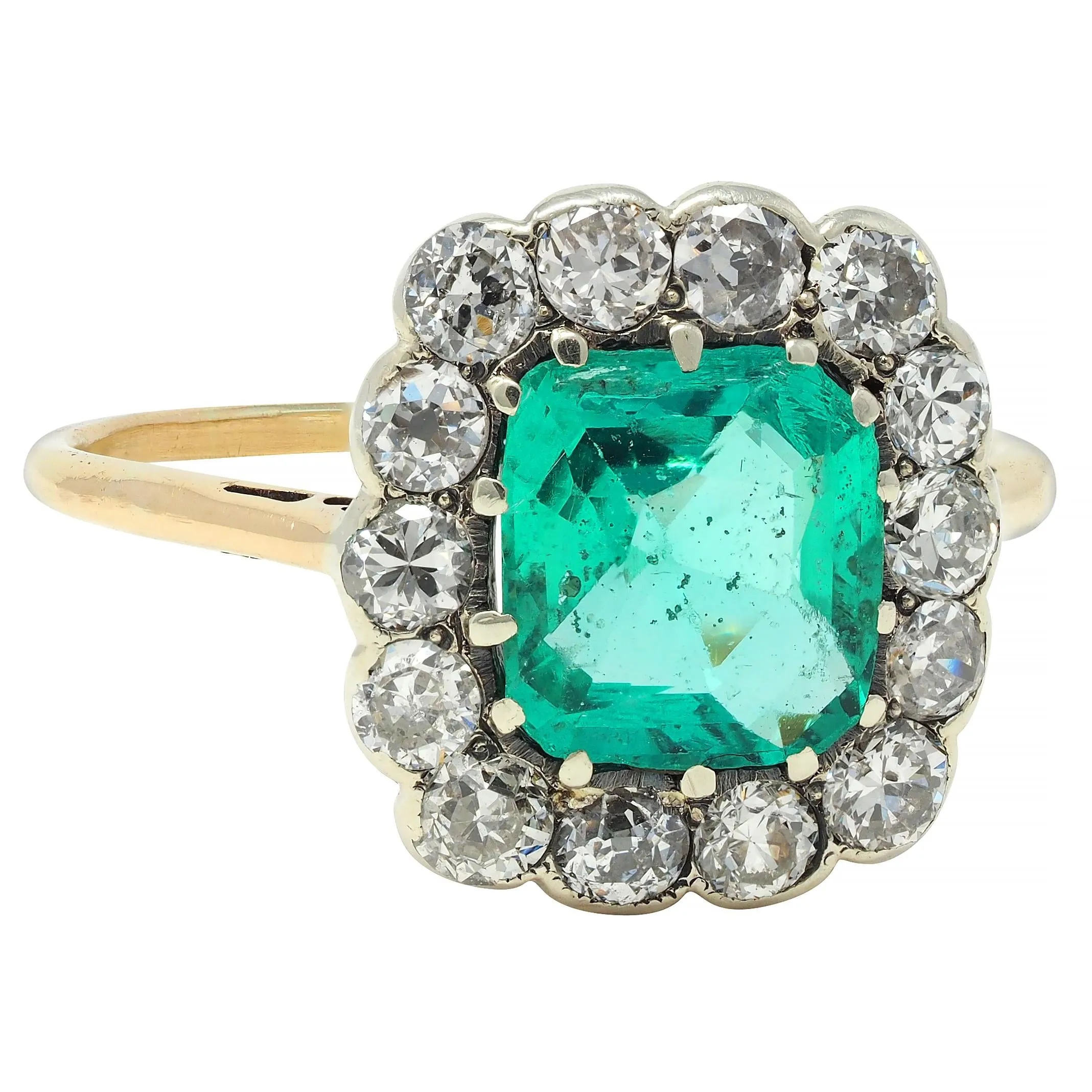 Victorian 2.15 CTW Colombian No Oil Emerald Diamond Silver 14 Karat Gold Antique Halo Ring GIA
