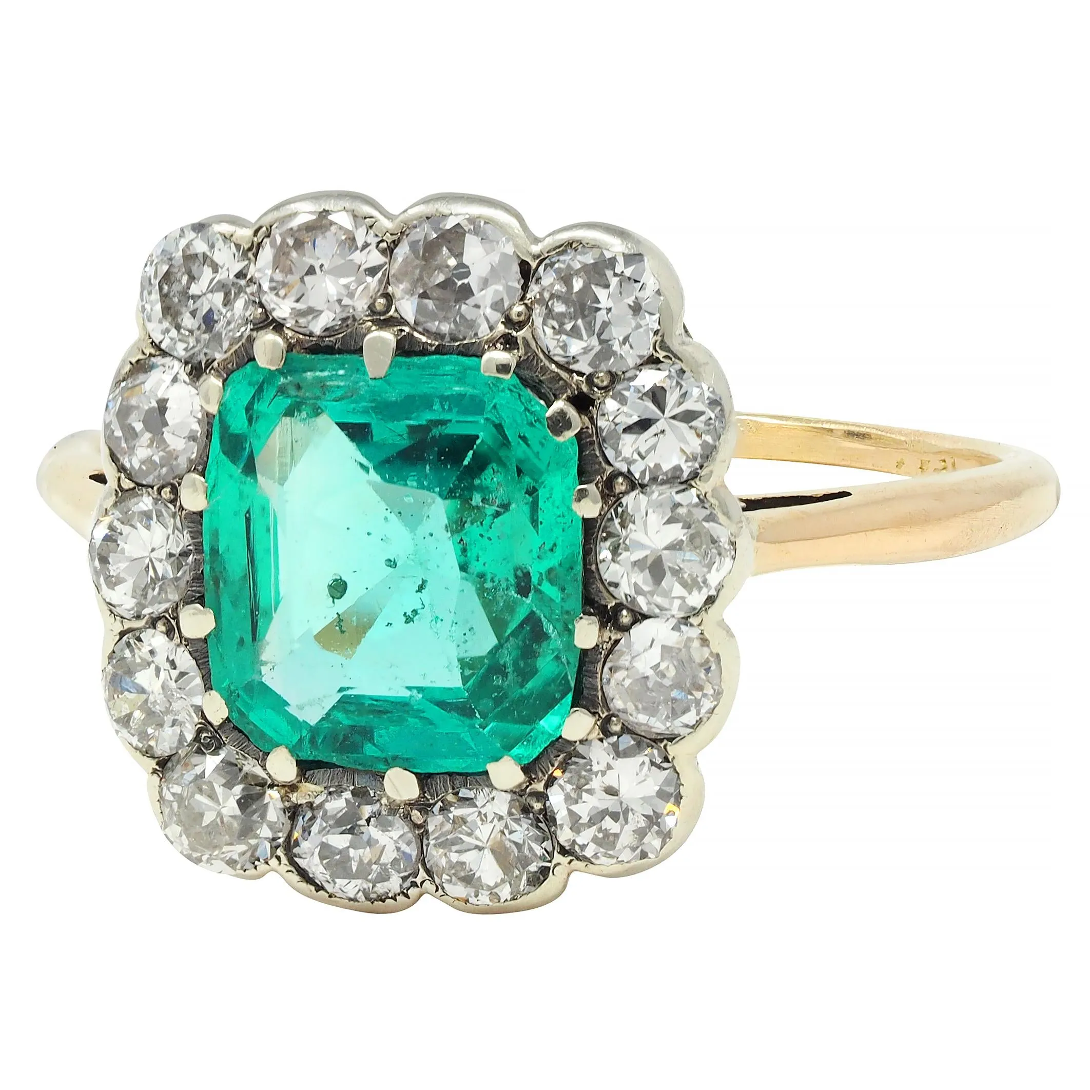 Victorian 2.15 CTW Colombian No Oil Emerald Diamond Silver 14 Karat Gold Antique Halo Ring GIA