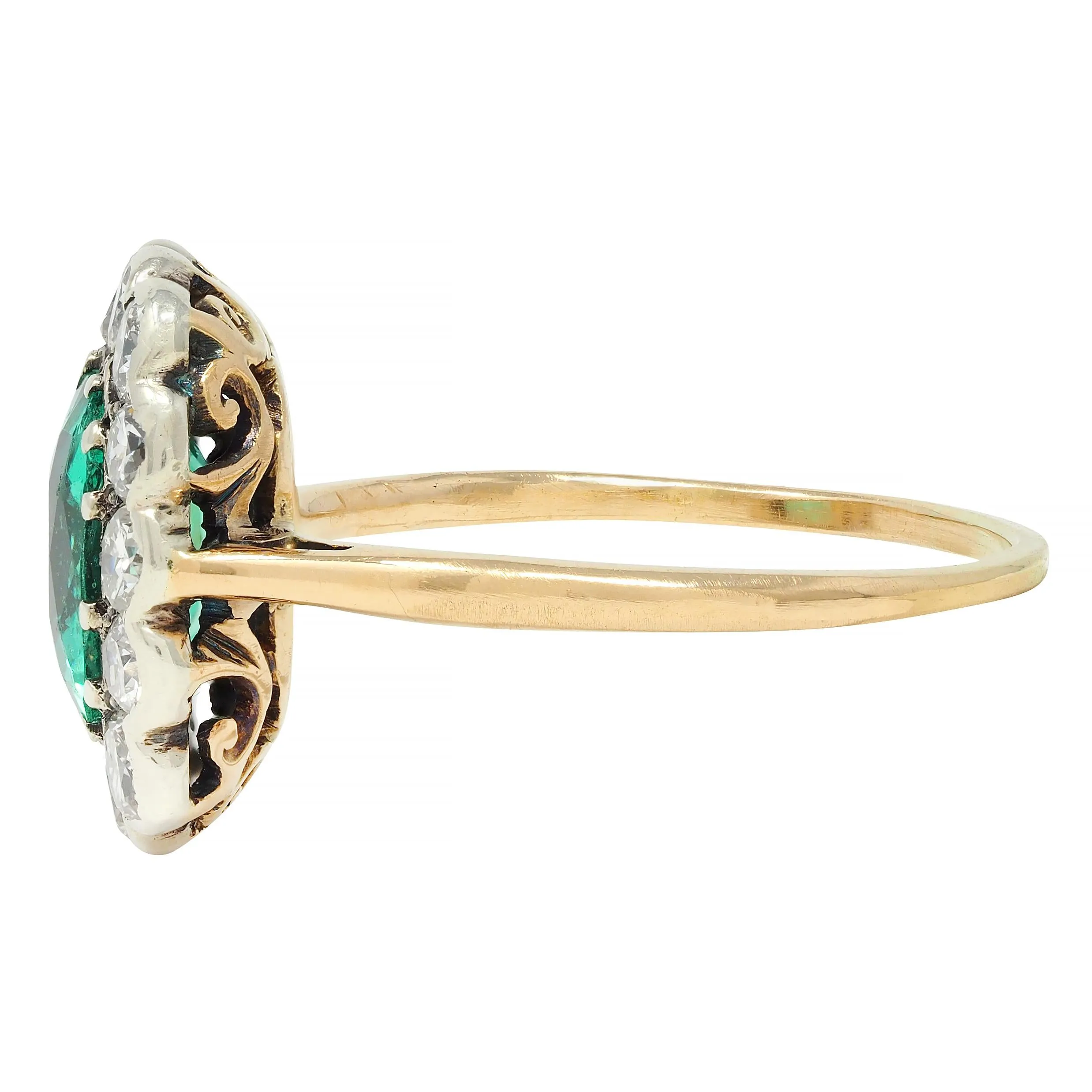 Victorian 2.15 CTW Colombian No Oil Emerald Diamond Silver 14 Karat Gold Antique Halo Ring GIA