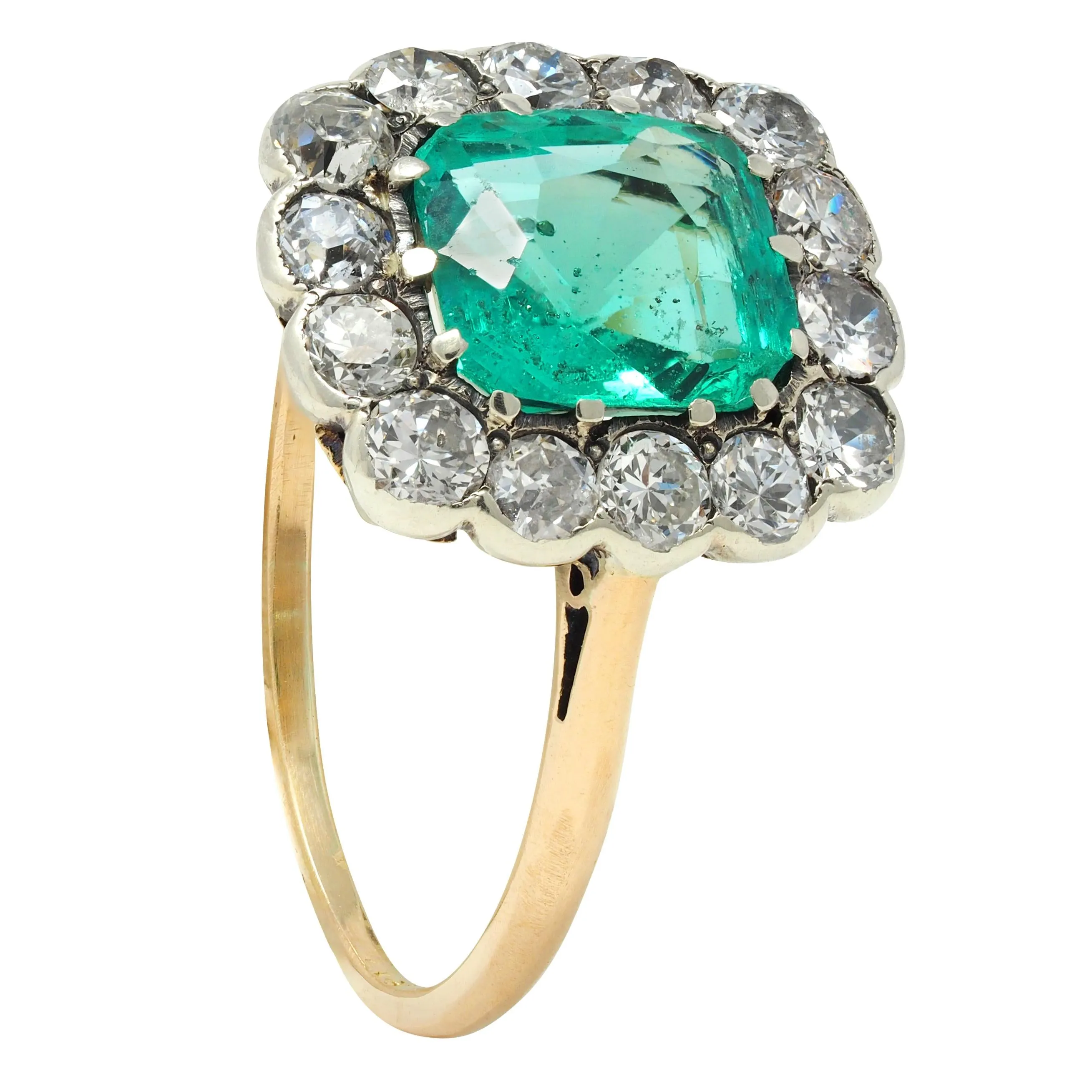 Victorian 2.15 CTW Colombian No Oil Emerald Diamond Silver 14 Karat Gold Antique Halo Ring GIA