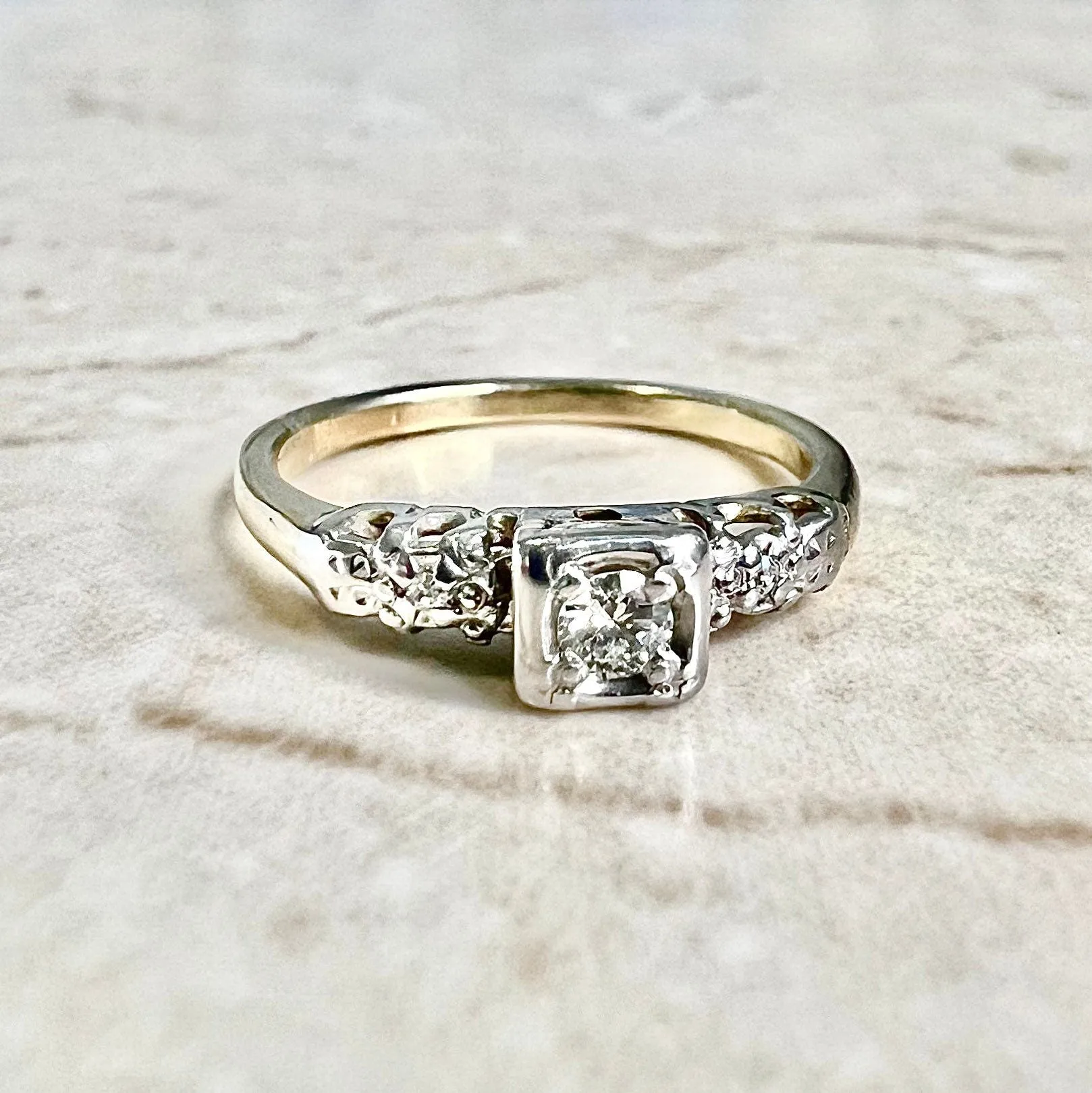 Vintage 1940’s Retro 14 Karat Yellow & White Gold Diamond Engagement Ring