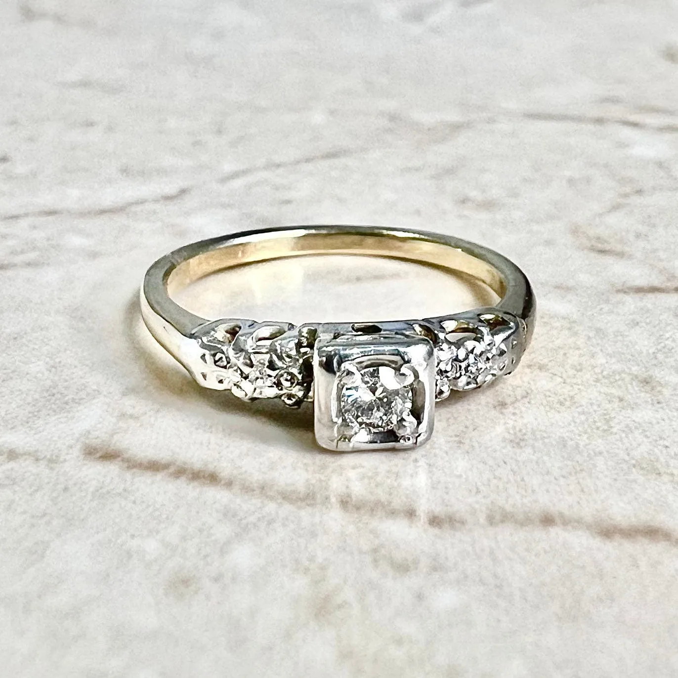 Vintage 1940’s Retro 14 Karat Yellow & White Gold Diamond Engagement Ring