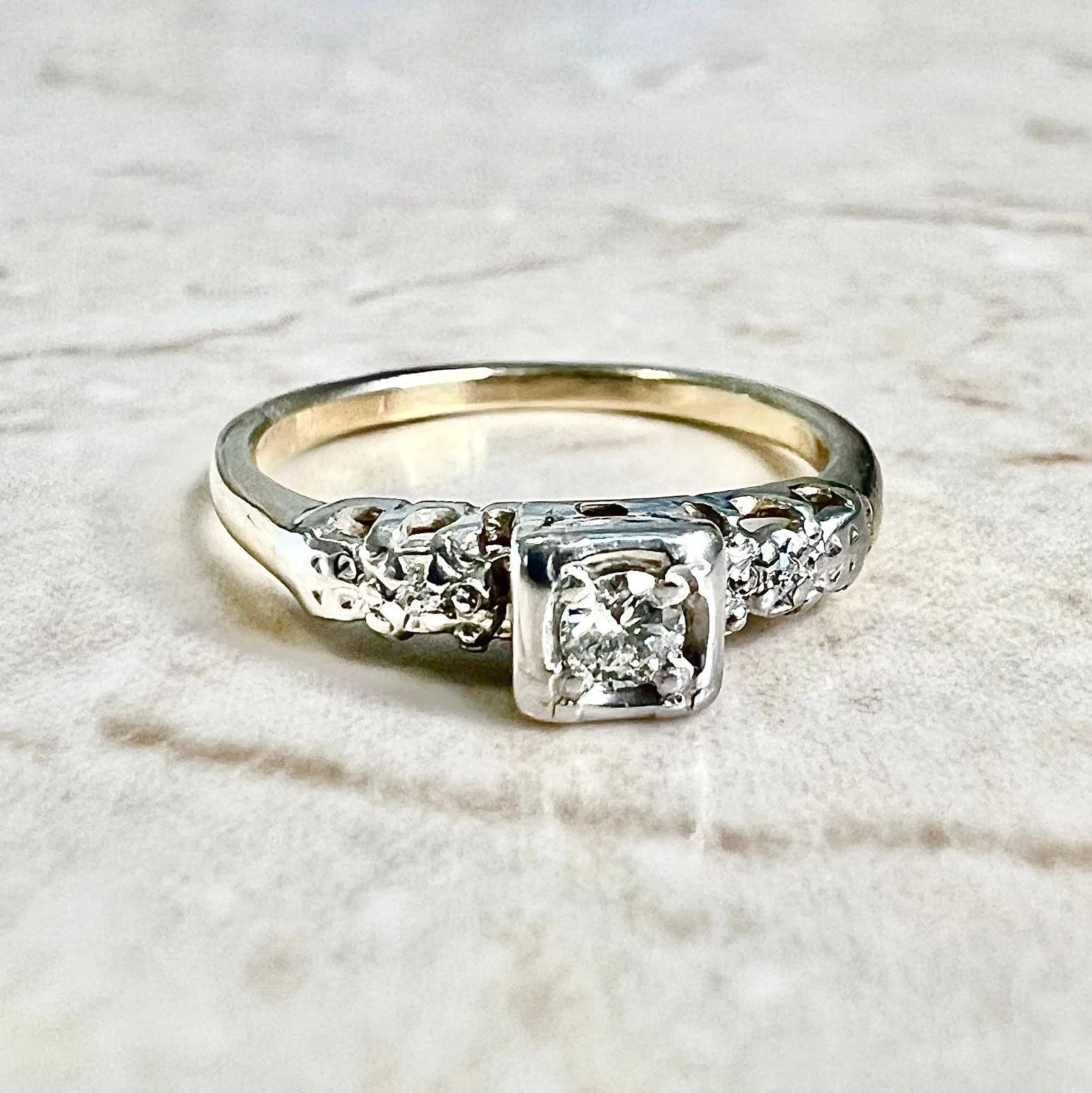 Vintage 1940’s Retro 14 Karat Yellow & White Gold Diamond Engagement Ring
