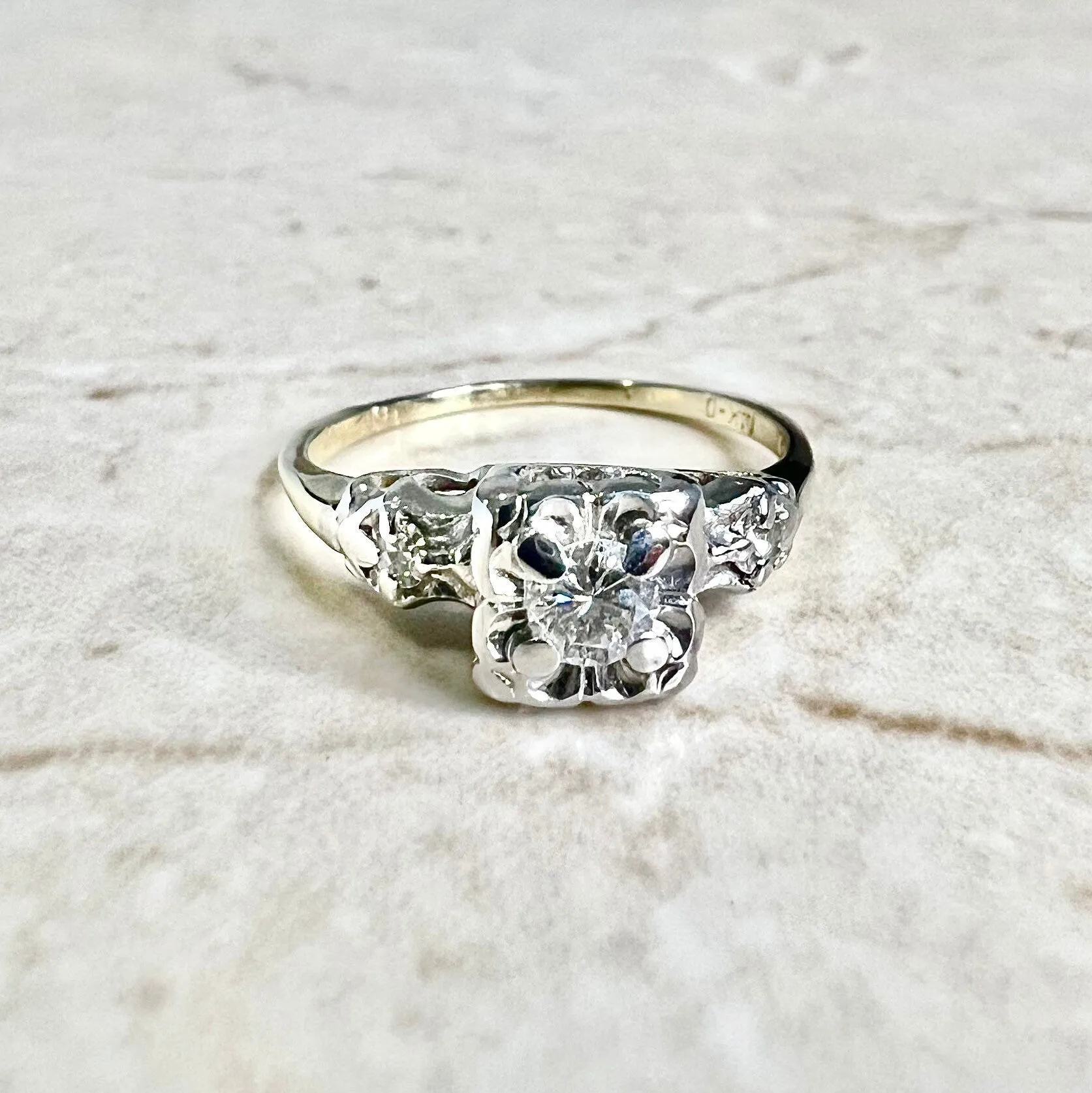 Vintage 1940’s Retro 14 Karat Yellow & White Gold Diamond Solitaire Engagement Ring