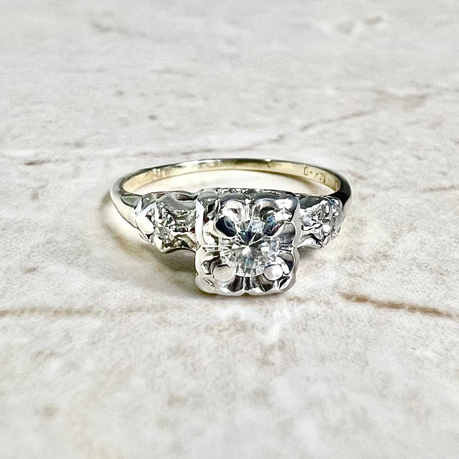 Vintage 1940’s Retro 14 Karat Yellow & White Gold Diamond Solitaire Engagement Ring