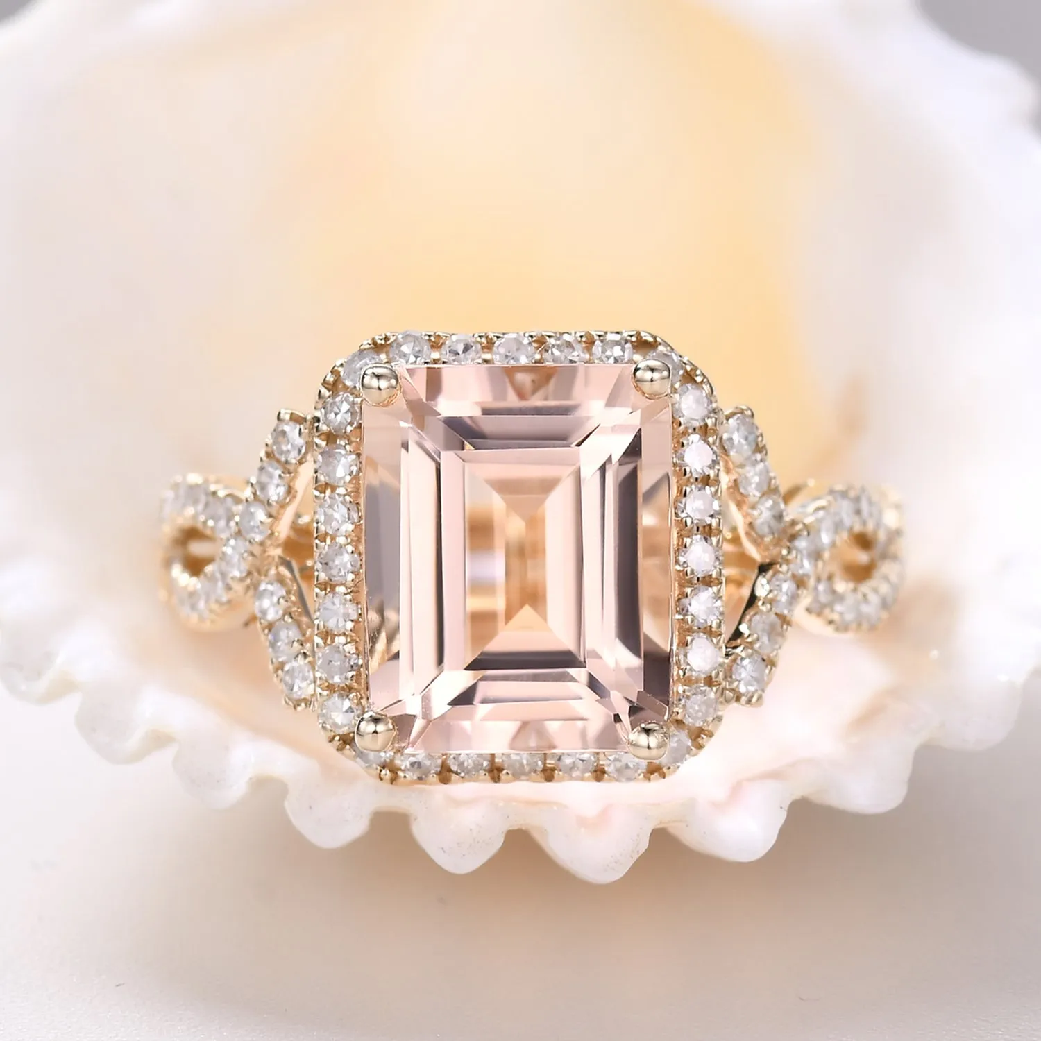 Vintage Emerald Cut Morganite Engagement Ring with Halo Diamond Split Shank Band