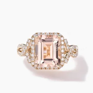 Vintage Emerald Cut Morganite Engagement Ring with Halo Diamond Split Shank Band