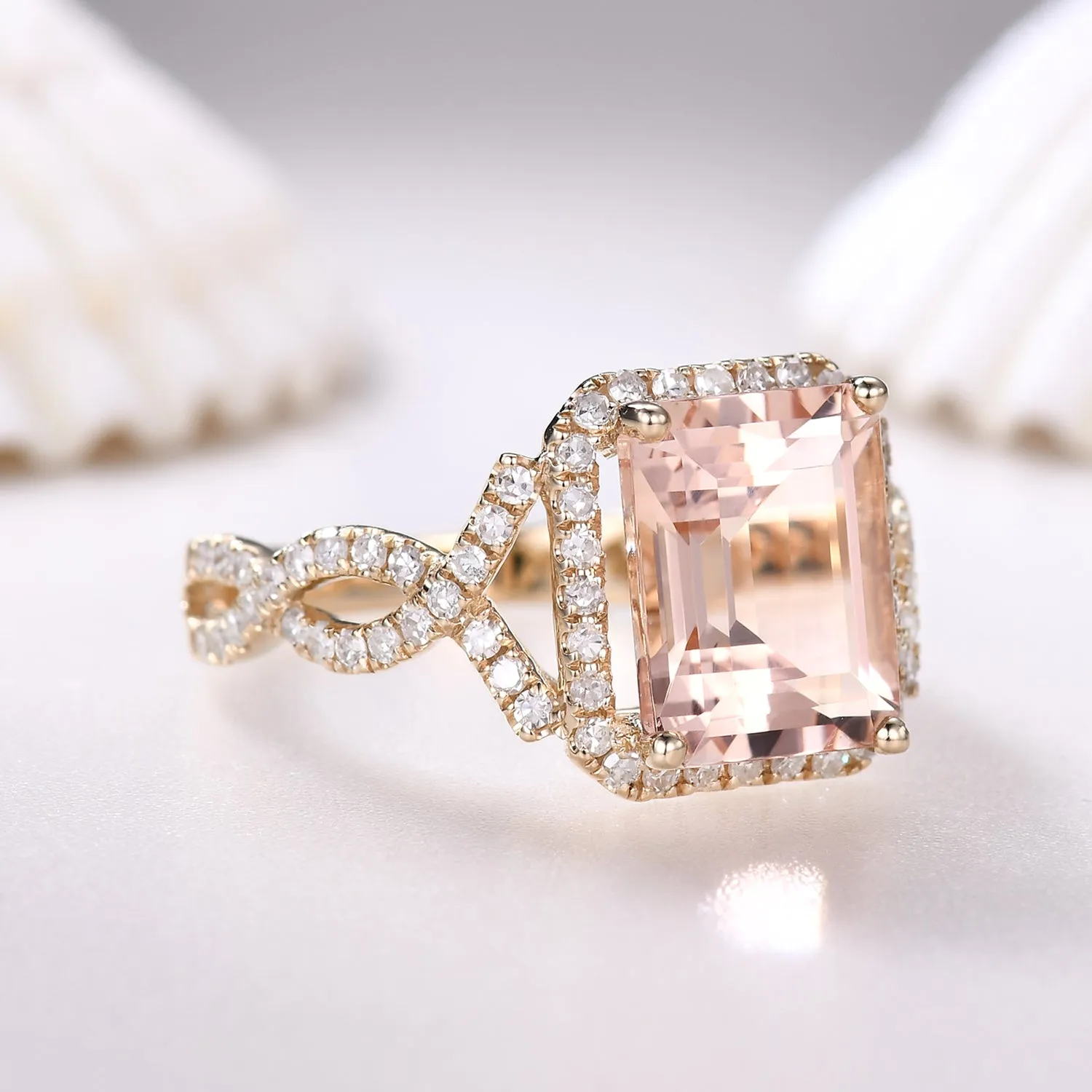 Vintage Emerald Cut Morganite Engagement Ring with Halo Diamond Split Shank Band