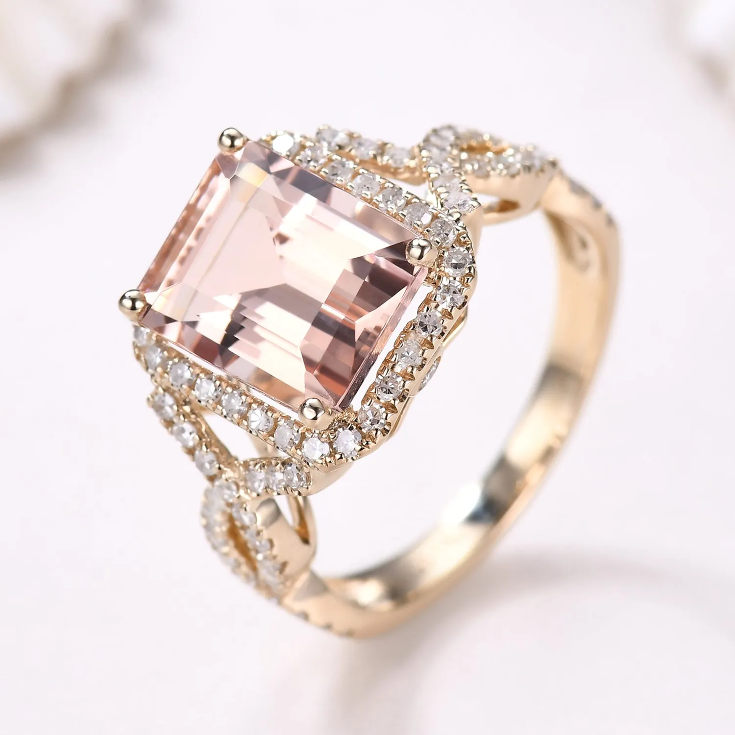 Vintage Emerald Cut Morganite Engagement Ring with Halo Diamond Split Shank Band