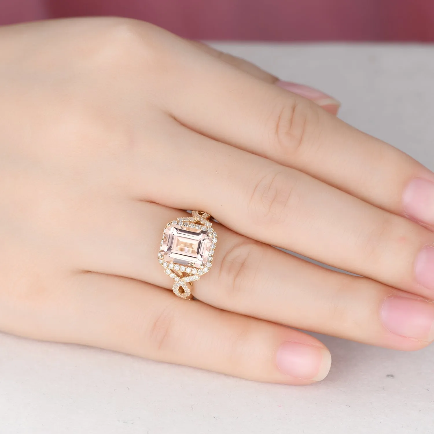 Vintage Emerald Cut Morganite Engagement Ring with Halo Diamond Split Shank Band