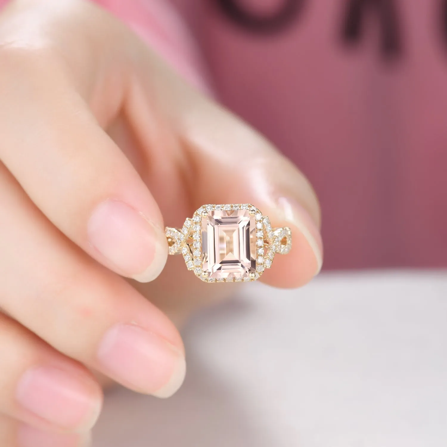 Vintage Emerald Cut Morganite Engagement Ring with Halo Diamond Split Shank Band
