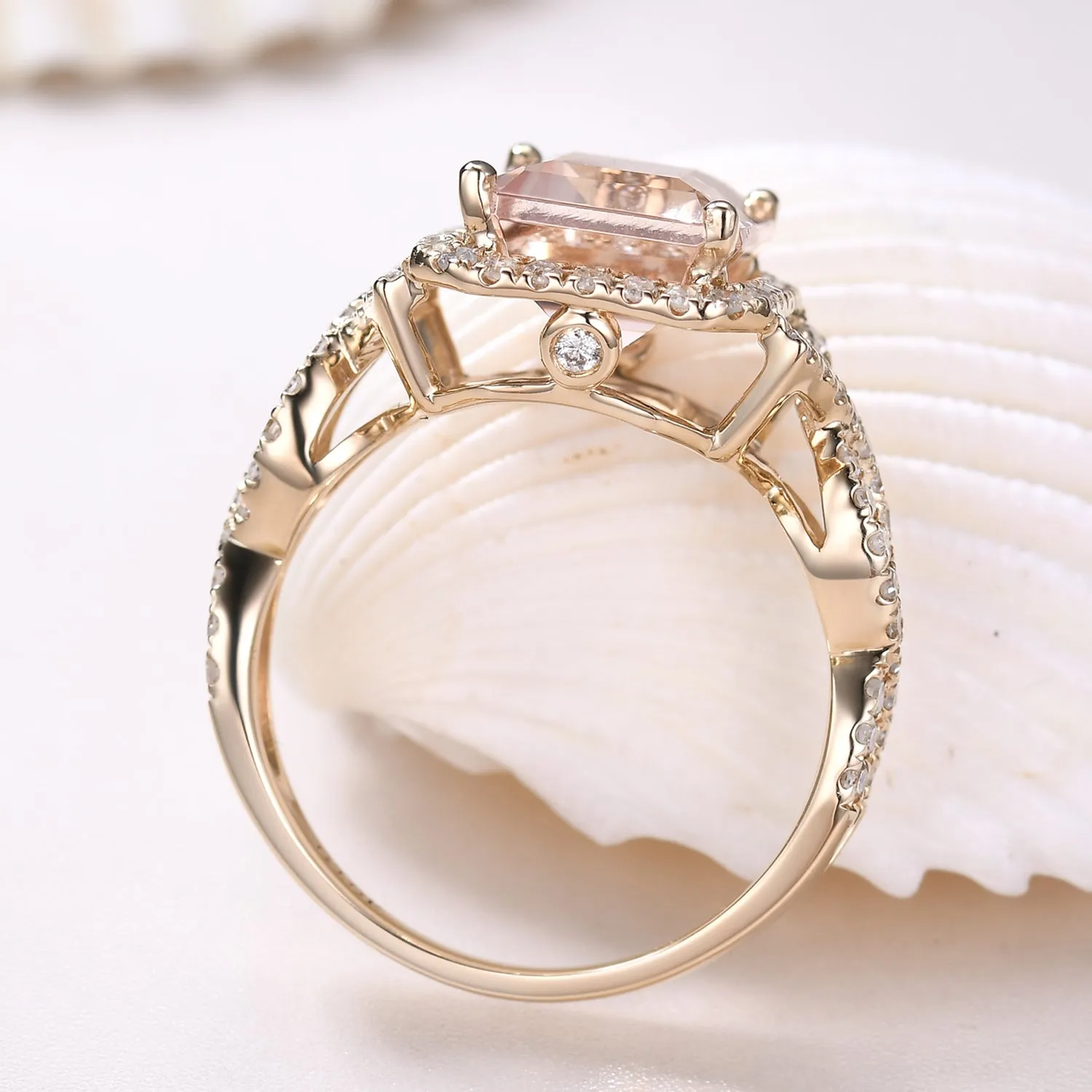 Vintage Emerald Cut Morganite Engagement Ring with Halo Diamond Split Shank Band