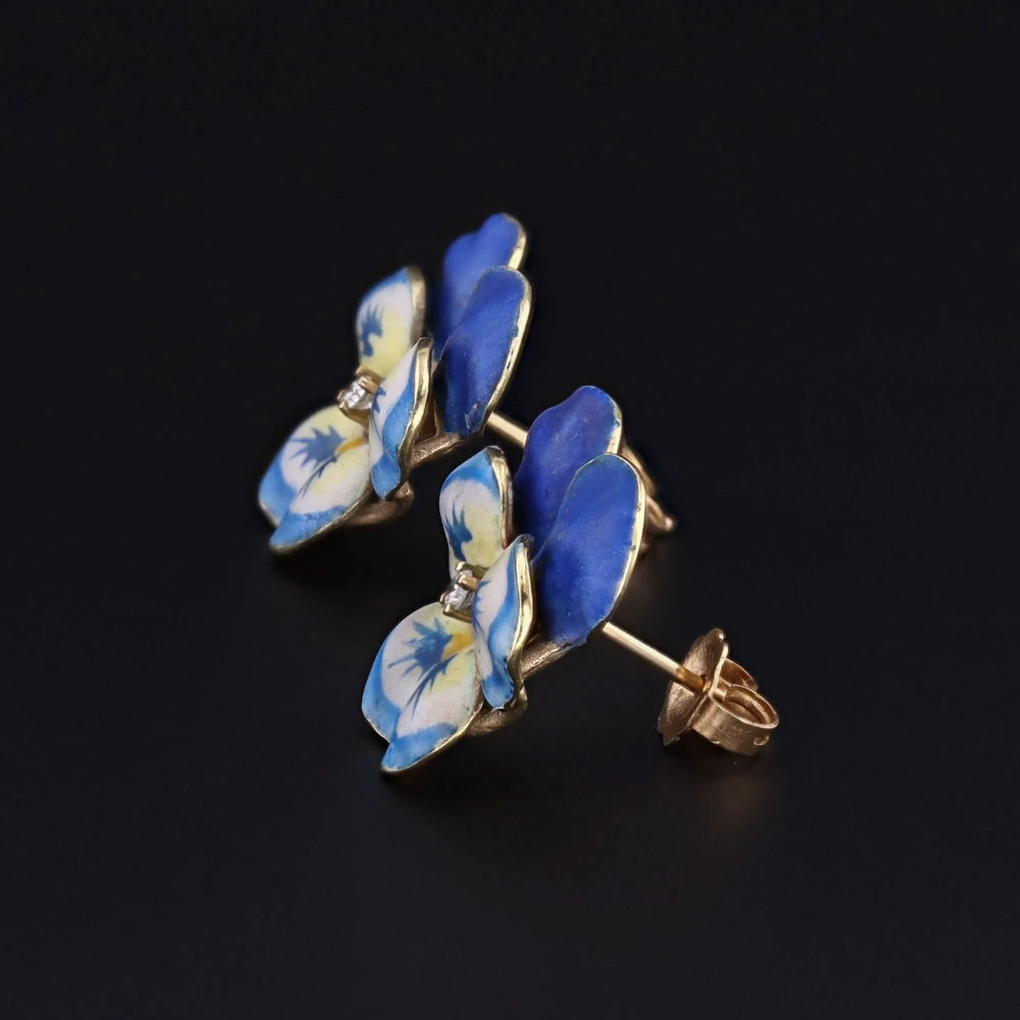 Vintage Pansy Earrings | 14k Gold Enamel & Diamond Pansy Earrings