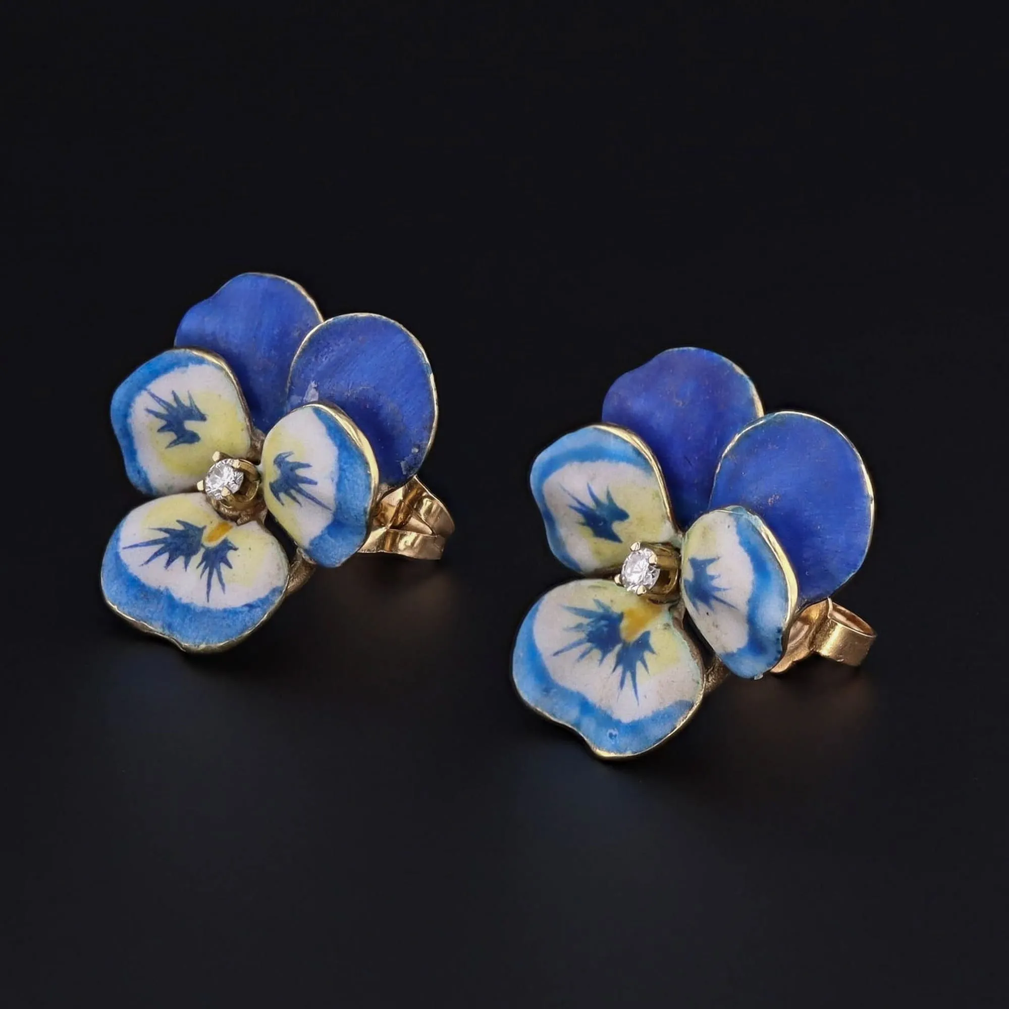 Vintage Pansy Earrings | 14k Gold Enamel & Diamond Pansy Earrings
