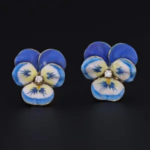 Vintage Pansy Earrings | 14k Gold Enamel & Diamond Pansy Earrings