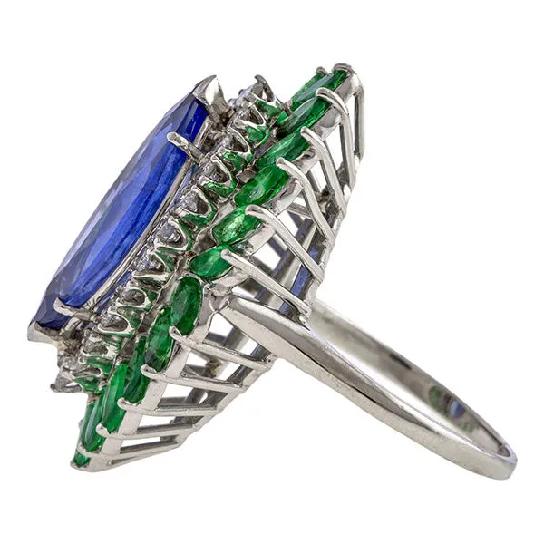 Vintage Sapphire, Diamond & Emerald Ring