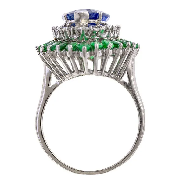 Vintage Sapphire, Diamond & Emerald Ring