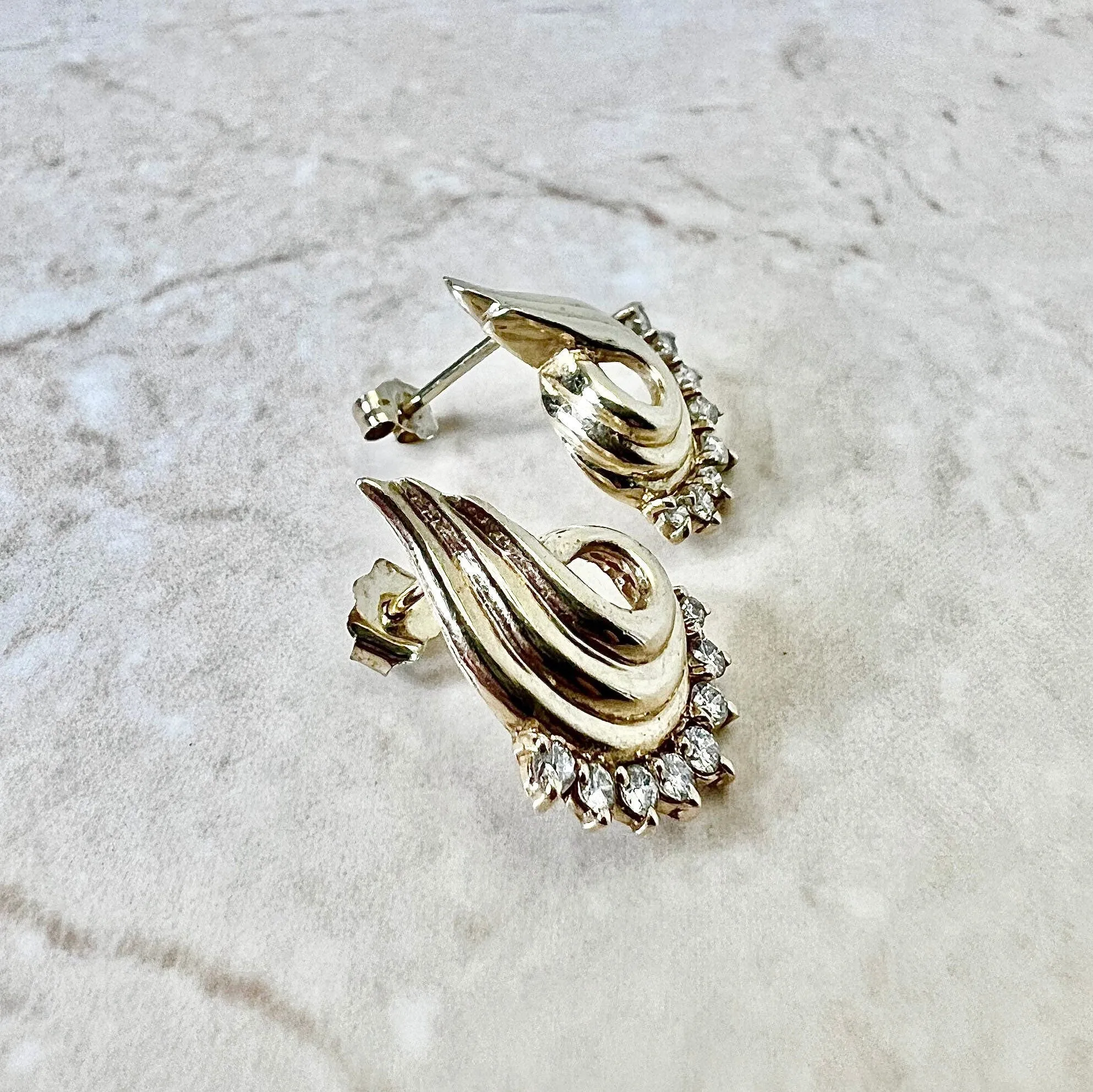 Vintage Sculpted 14 Karat Yellow Gold 1/2 Carat Diamond Earrings