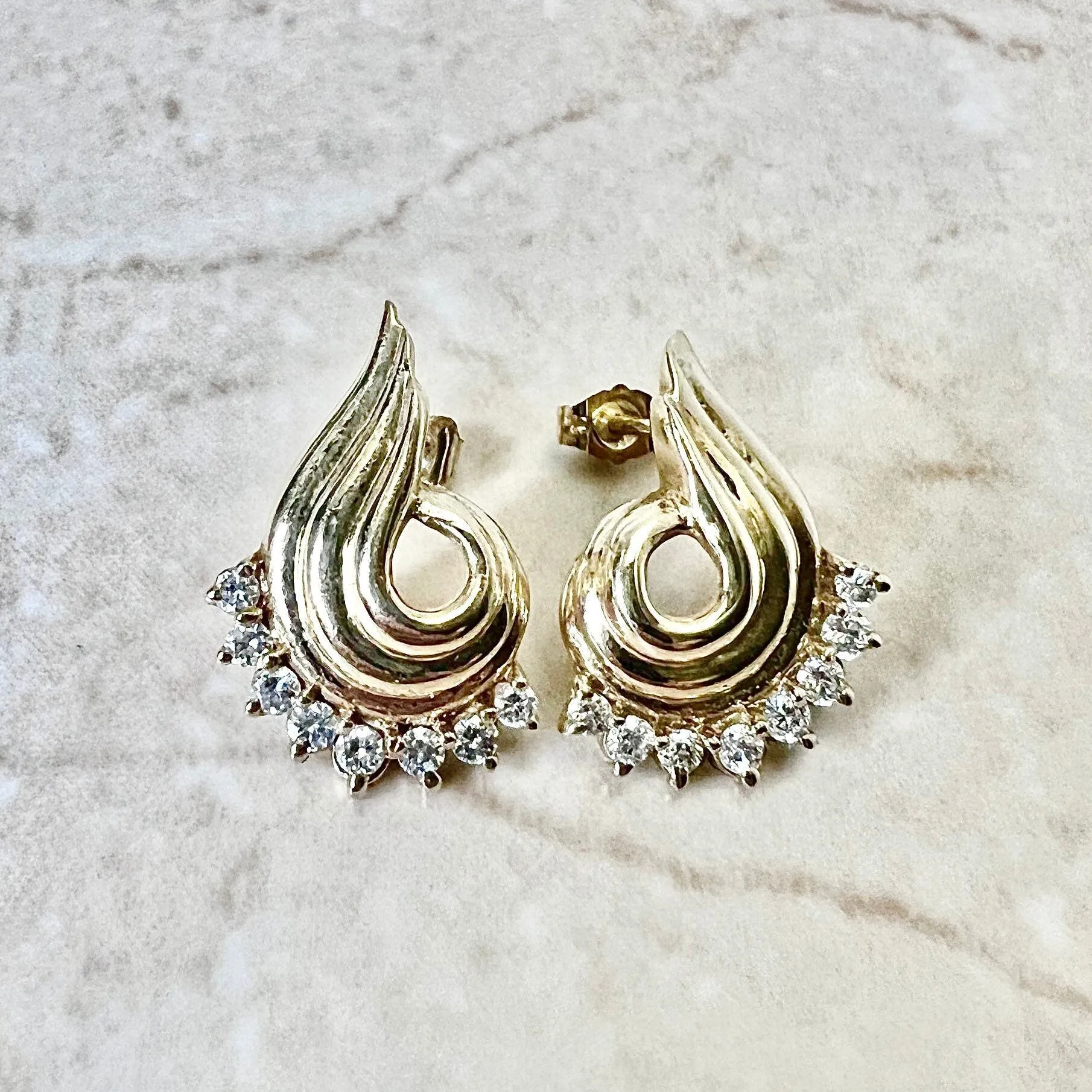 Vintage Sculpted 14 Karat Yellow Gold 1/2 Carat Diamond Earrings
