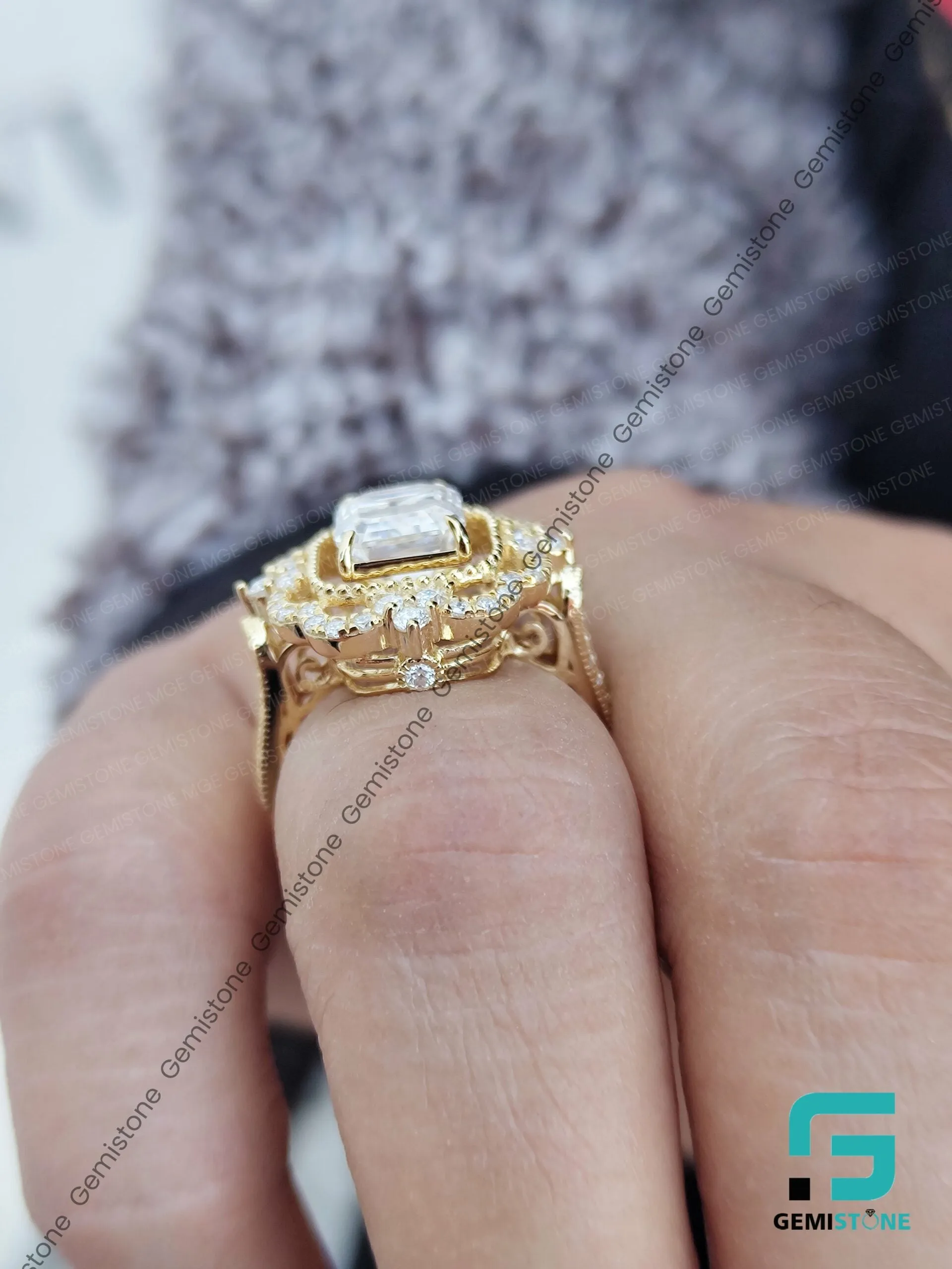Vintage Style Emerald Cut Moissanite Engagement Ring