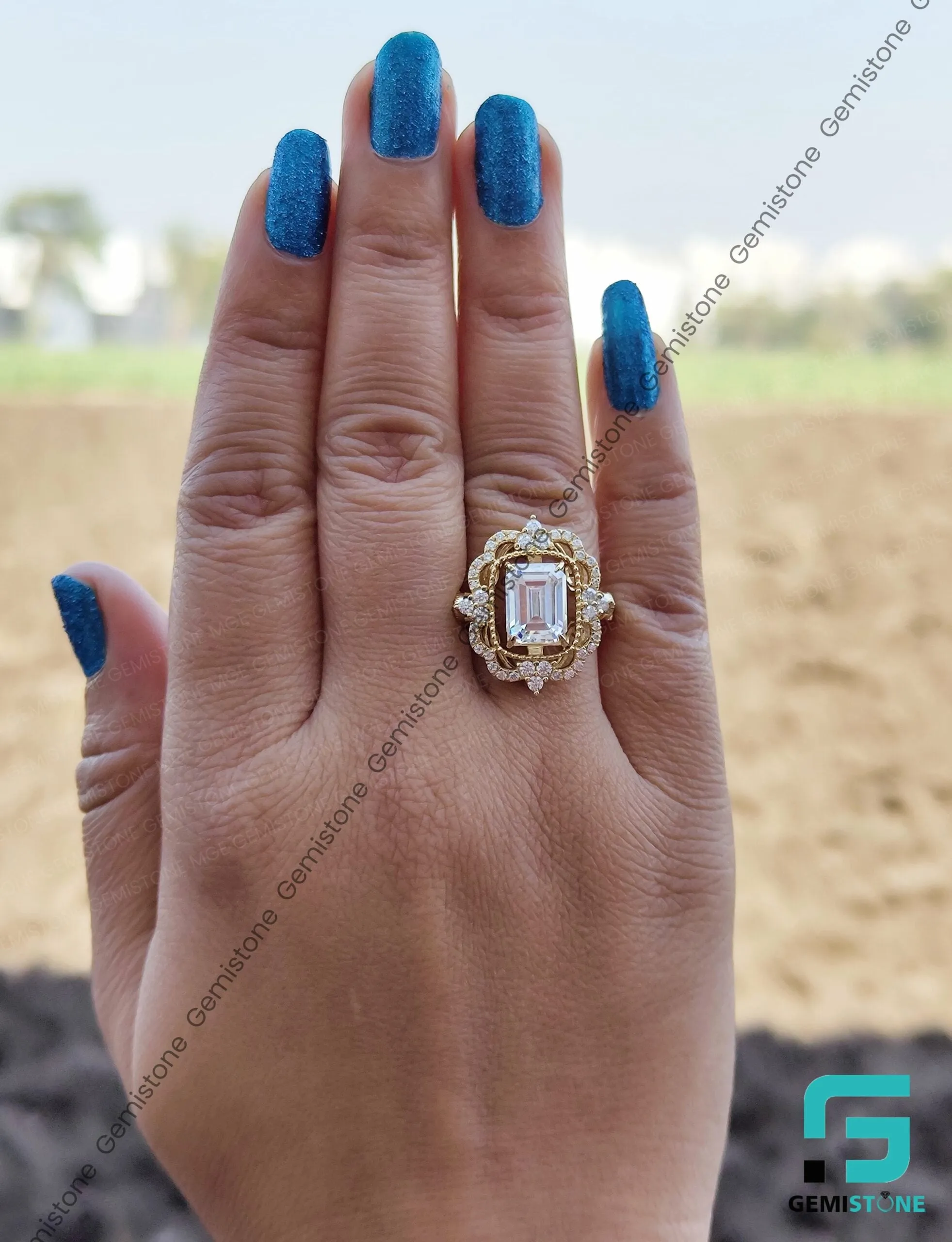 Vintage Style Emerald Cut Moissanite Engagement Ring