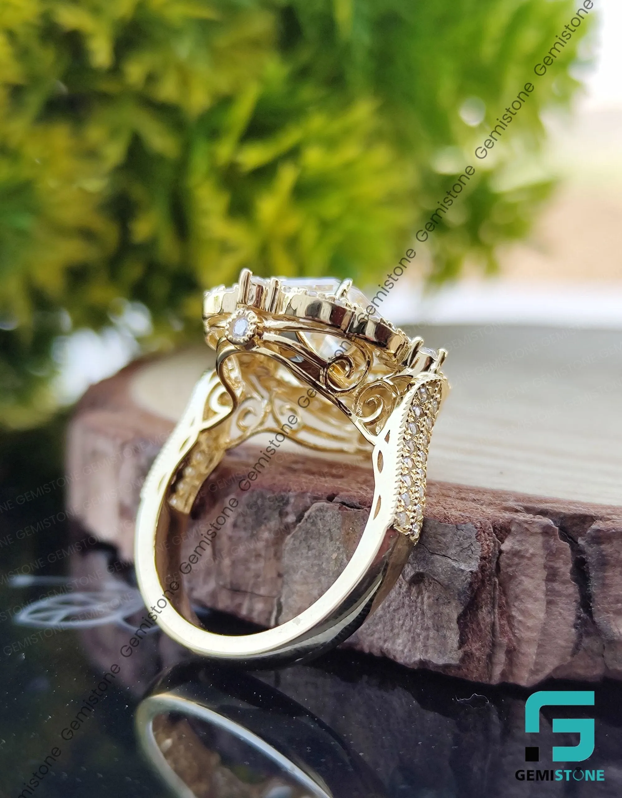 Vintage Style Emerald Cut Moissanite Engagement Ring
