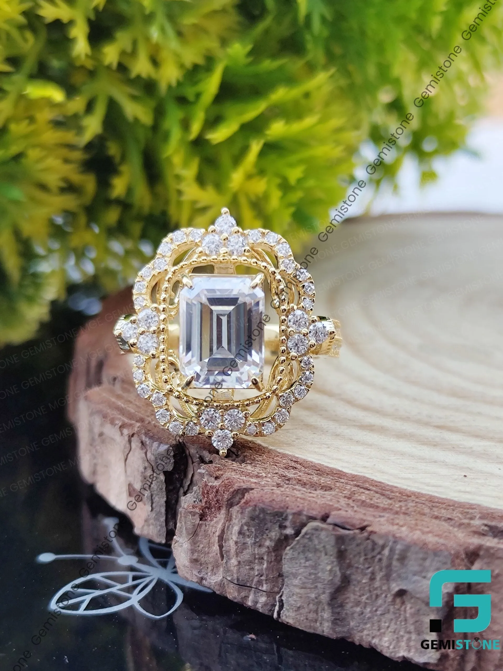Vintage Style Emerald Cut Moissanite Engagement Ring