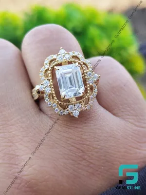 Vintage Style Emerald Cut Moissanite Engagement Ring