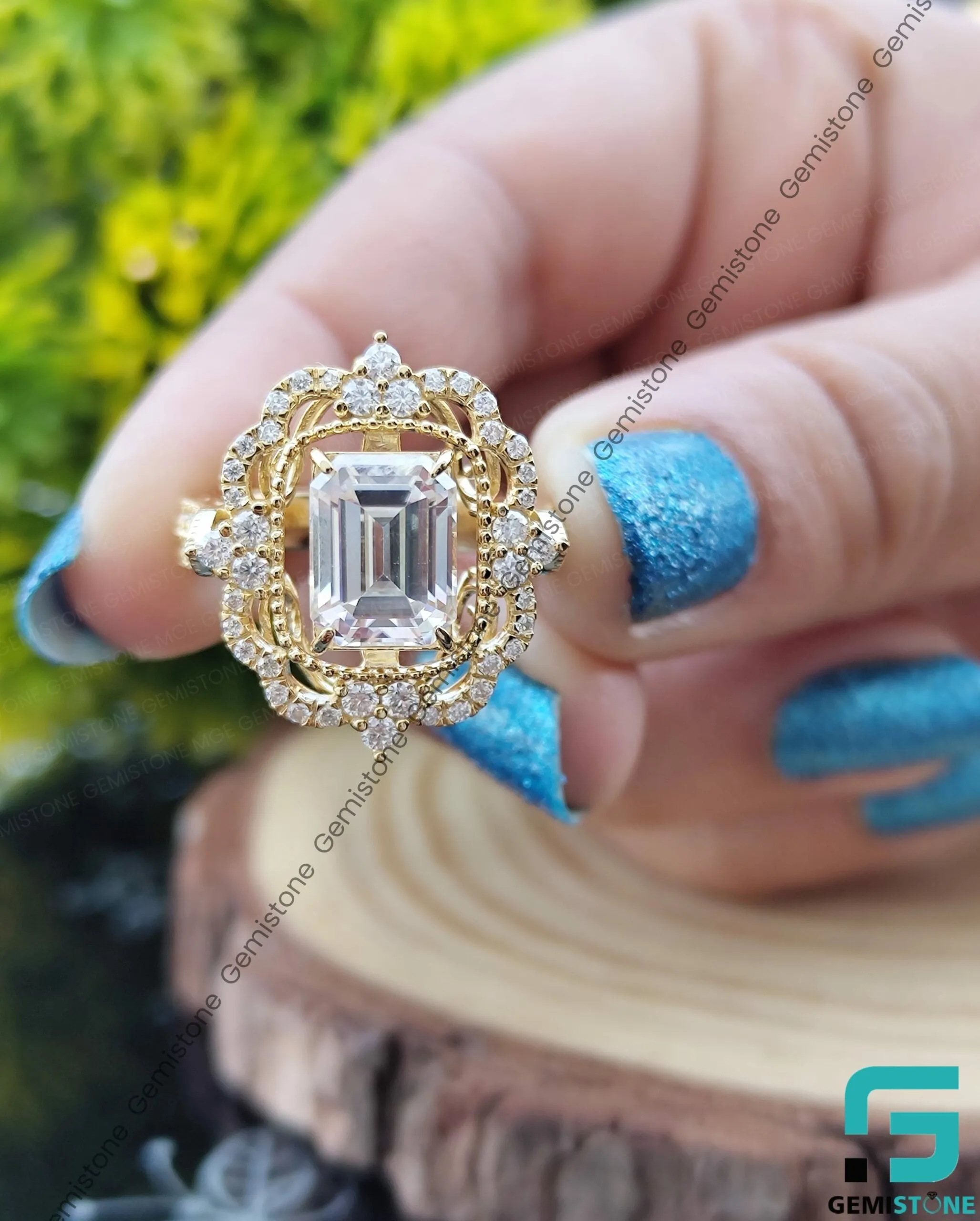 Vintage Style Emerald Cut Moissanite Engagement Ring
