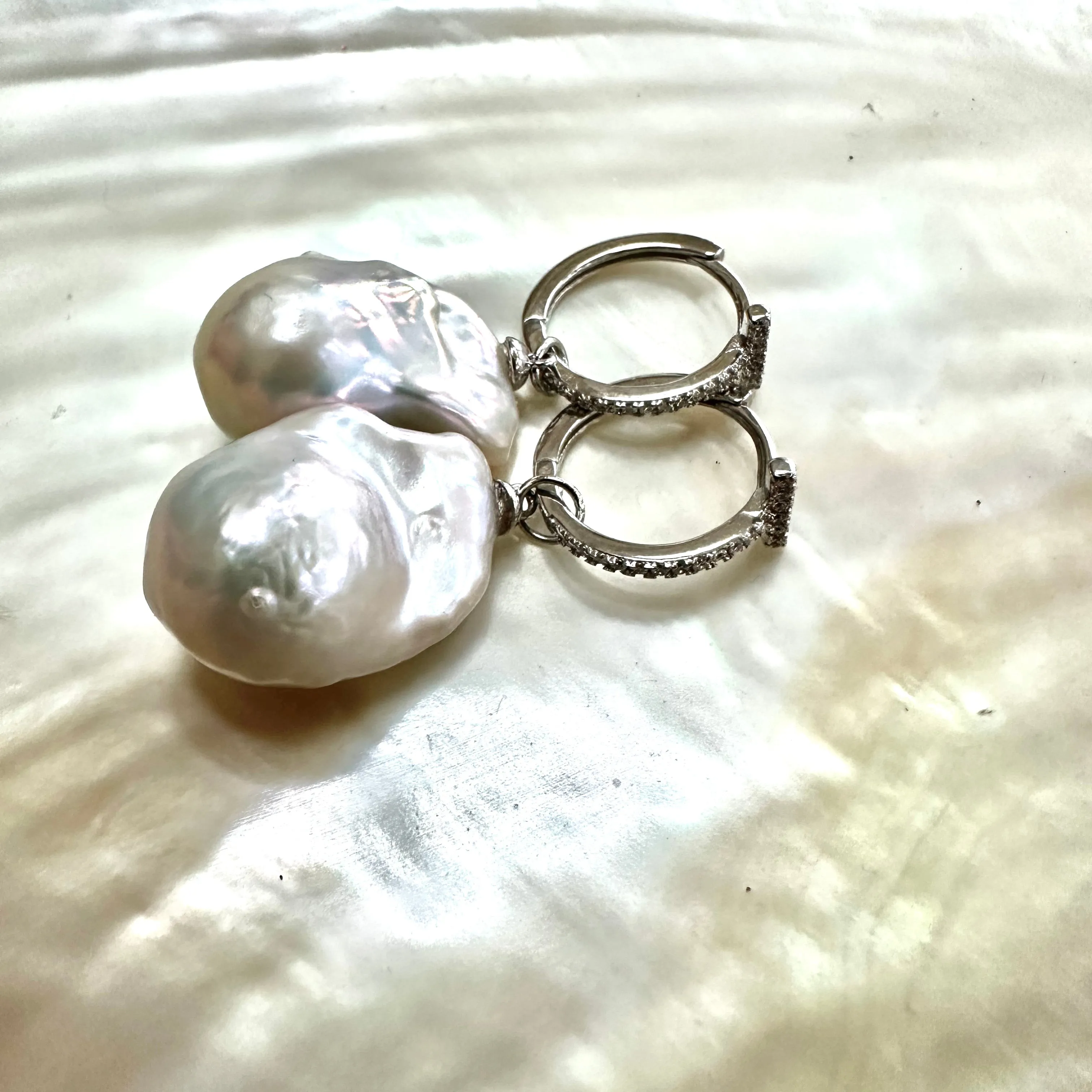 White Baroque Pearl Hoop Earrings in Silver or Gold