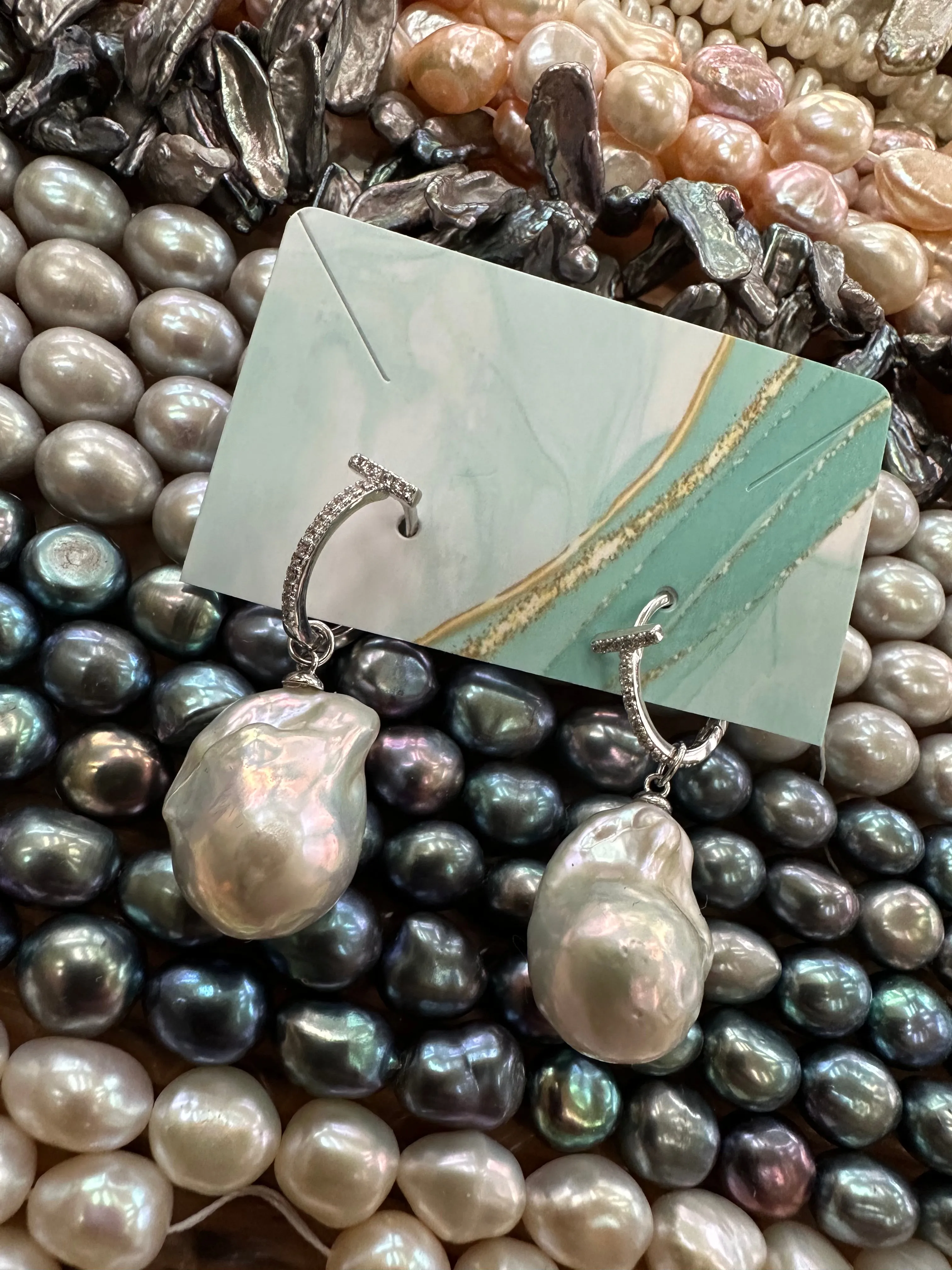 White Baroque Pearl Hoop Earrings in Silver or Gold