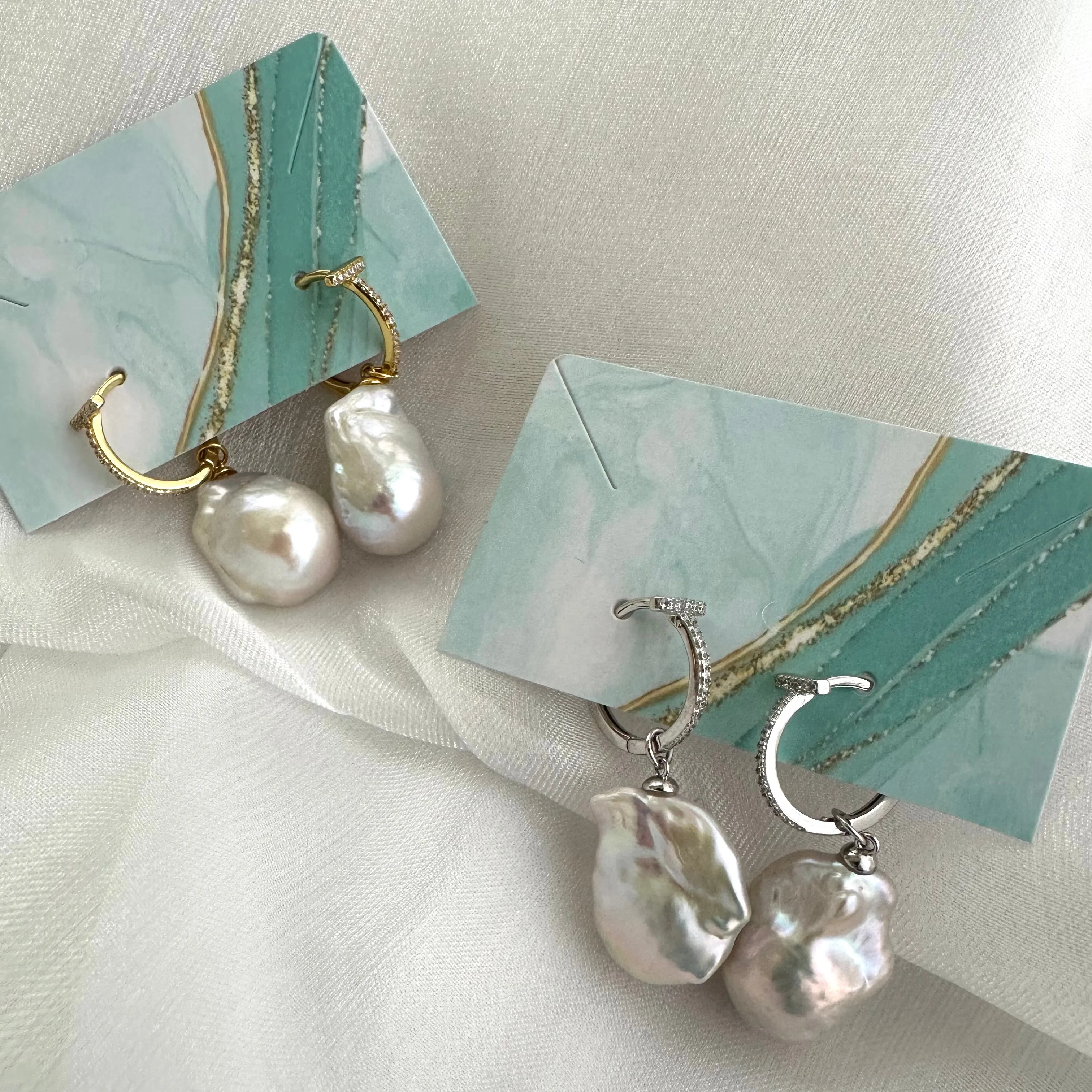 White Baroque Pearl Hoop Earrings in Silver or Gold