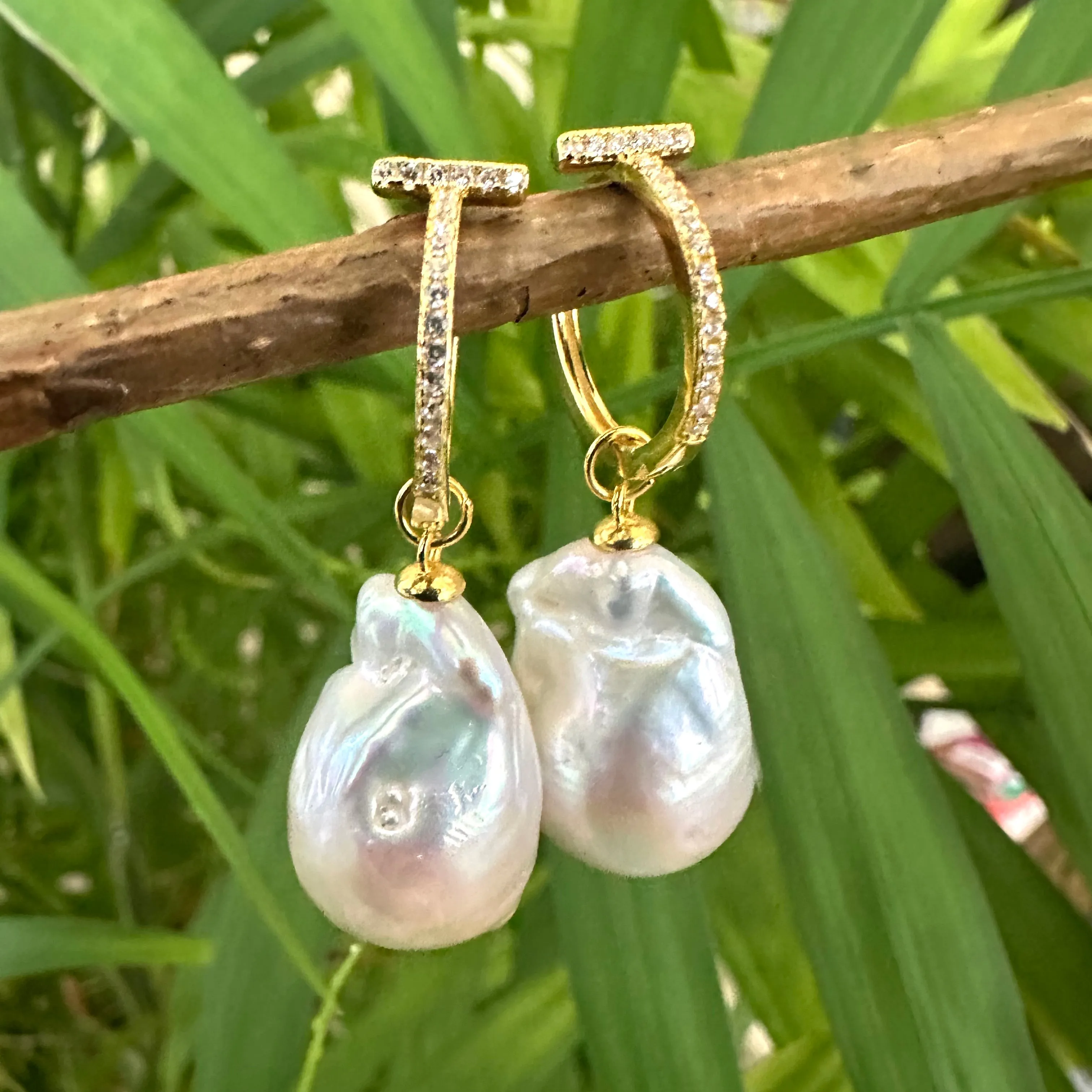 White Baroque Pearl Hoop Earrings in Silver or Gold